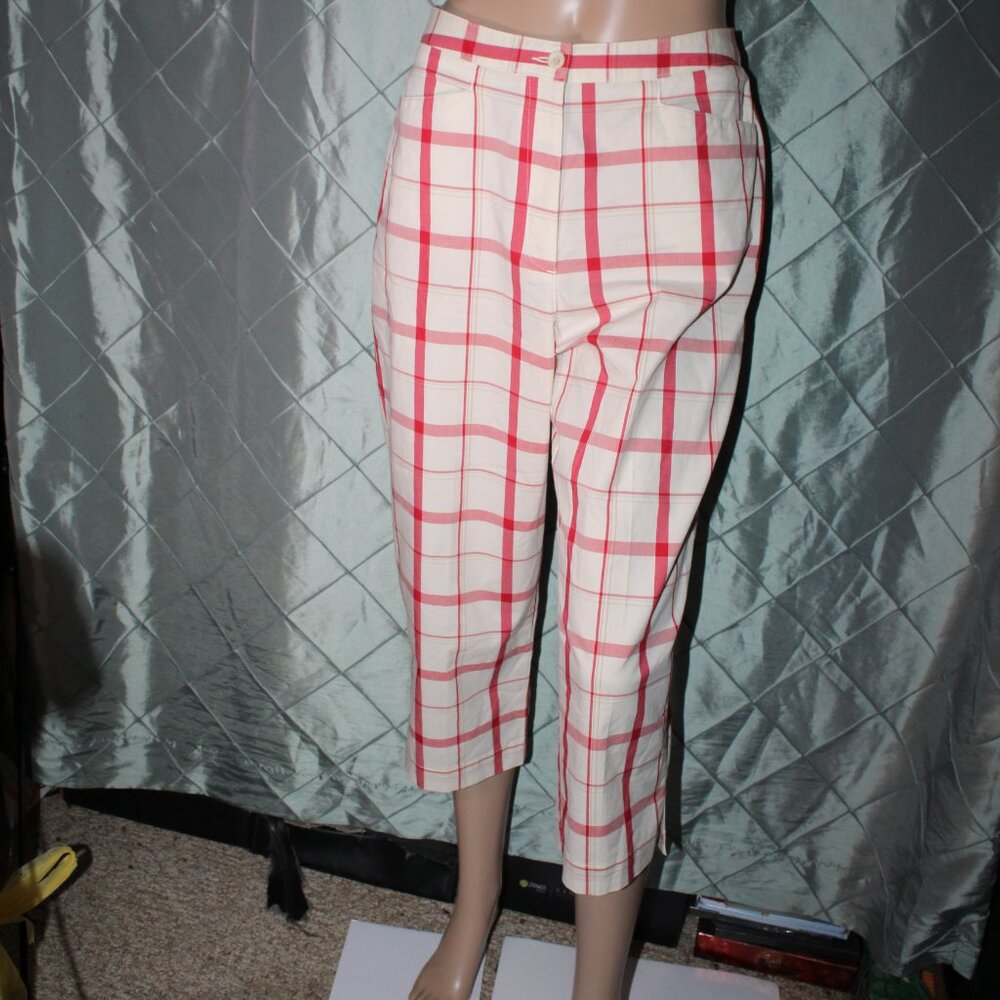 Liz Claiborne Lizsport Women 8 White Red Plaid Pedal-Pusher Cotton Stretch Capri